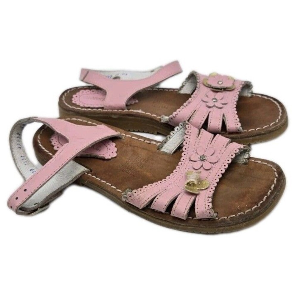 Kid Express Girls Pink Leather Sandals Flowers Baby Doll Lacy Size EU 30 (US 12)